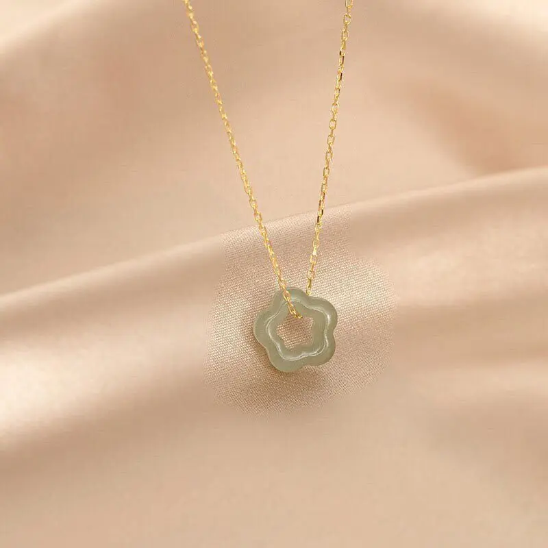Natural Hetian Jade Flower Pendant Necklace