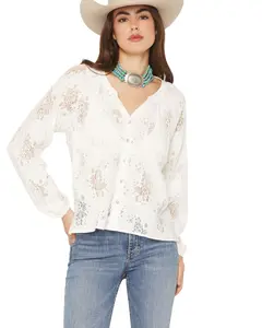 Wild Moss Women's Solid Lace Long Sleeve Button-Down Peasant Top - Ima6019-W2040