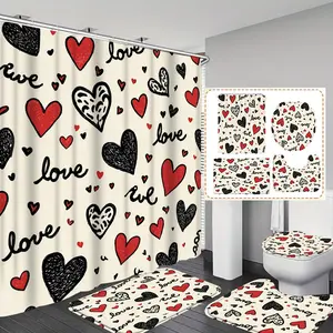 Valentine Heart Print Shower Curtain Set, Includes 12 Hooks, Non-Slip Mat, U-Shaped Pad, Toilet Seat Cover, Bathroom Decor, All Seasons, Bathroom Accessory