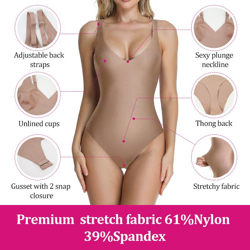 Thong Bikini Swimsuits Plunge Bodysuit Full Body Shapewear Tummy Control with Adjustable Back Straps & Unlined Cups for Comfort jumpsuit Butt Lifting woman control butt yoga suit corset tank top thong style black compression High-Waist