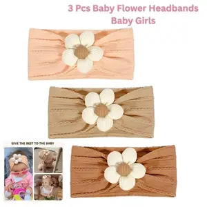 3 Pcs Baby Flower Headbands for Girls – Soft Nylon Hairbands, Newborn Infant Toddler Hair Accessories, Cute Baby Headwear, Baby Shower Gift (Beige, Orange, Brown)