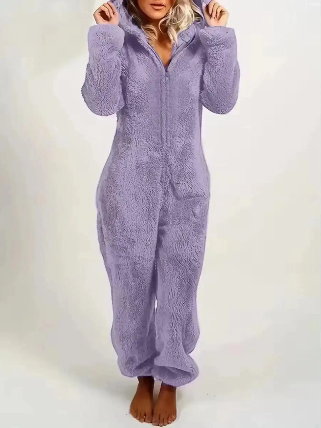 Women's Solid Zipper Hooded Plush Pajama Jumpsuit, Casual Long Sleeve Teddy Bear Ear Design for Fall & Winter, Sleepwear Indoor Wear, Fluffy Lady Pajamas, Loungewear, Homewear, Cozy Pjs, Onesies relaxed fit regular fit