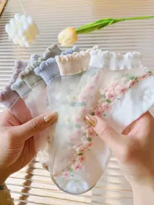 5 Pairs White Women's Floral Sheer Socks Breathable Thin Moisture-Wicking Design Ultra-Lightweight for Summer Comfort