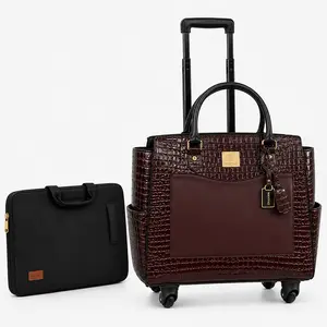 Women's Rolling Briefcase with Wheels, Laptop Compartment - Burgundy Business Luggage Tote Bag