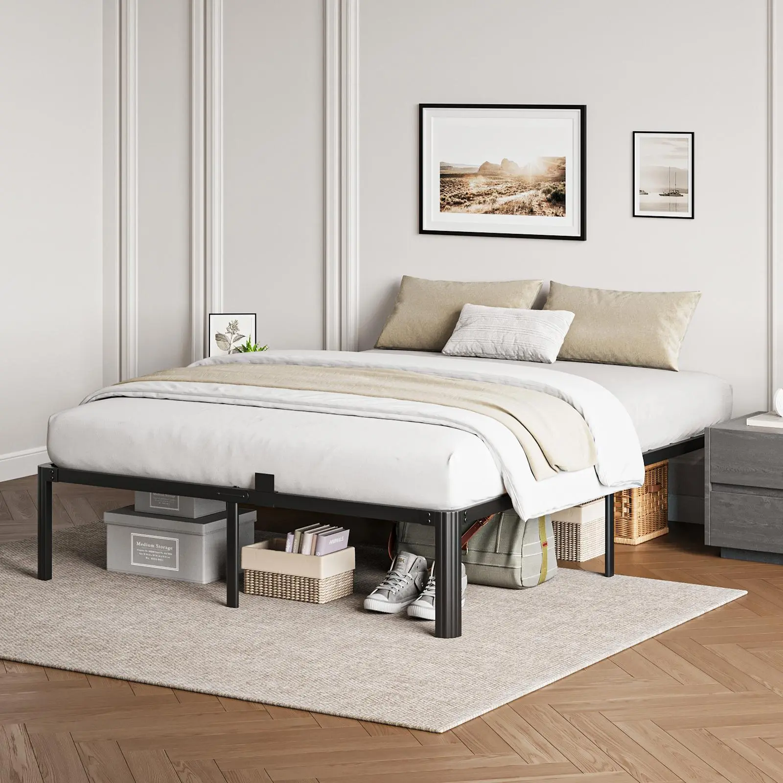 14 inches Heavy-Duty Metal Platform Bed Frame - Sturdy Steel Slat Support, No Box Spring Needed, No Shaking, Noise-Free, Easy DIY Assembly Required, Hidden Storage, Comfortable Height, Durable Modern Indoor Furniture