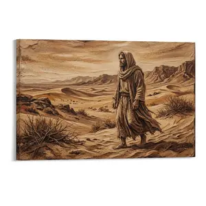 Jesus in Desert Realistic Canvas Painting - Warm Earthy Tones, Vintage Biblical Scene, Detailed Robe & Sand Dunes, Canvas Wall Art for Religious Home/Church Decor, Artistic Desert Landscape Artwork