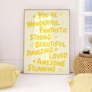You Are Amazing Poster Yellow Affirmation quote print 70s Pink Wall Art, girly dorm room decor Trendy Pastel Printable Art Preppy wall art - No Frame