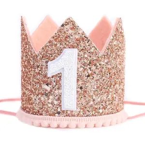 P-HDW07   Glitter Birthday Crown - Photo Booth Props, Party Hat for Baby's 1st Birthday (Pink and Gold)
