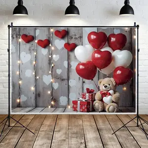 1 Pcs Red Heart Balloon Teddy Bear Photo Backdrop, Heart Balloon Gift Box Wooden Wall Light Teddy Bear Photography Background Photozone, Suitable For Children, Baby, Adult, Women, Men, Photography Studio, Video, Event, Live Streaming, Anniversary, Materia