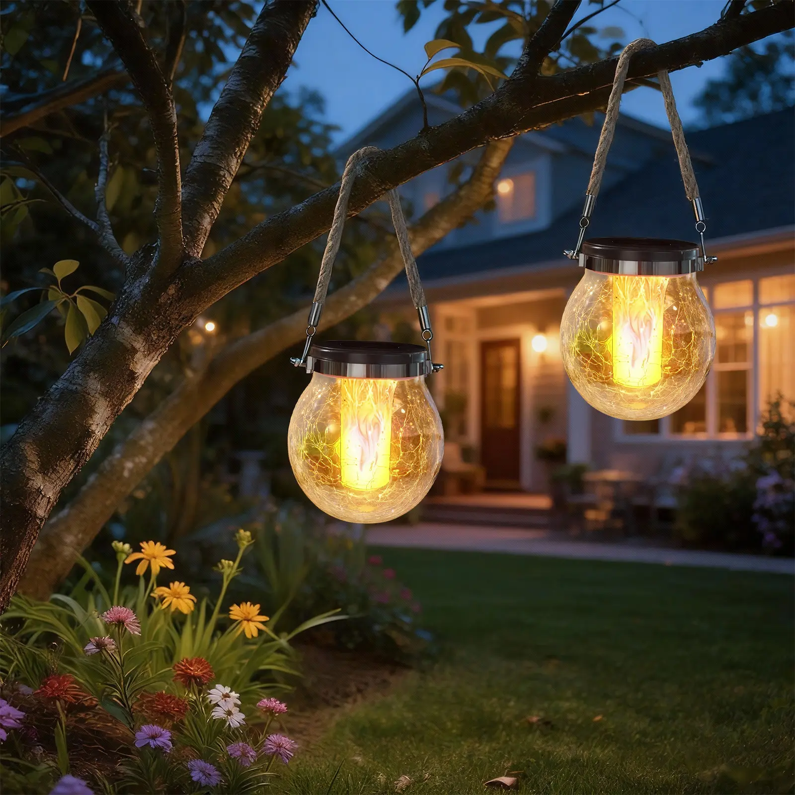 Mason jar Solar Lantern Outdoor Lights, Dancing Flame Solar Lantern Outdoor Lights, Hemp Rope Flame Lamp, for Camping Pathway Yard Patio Porch Garden Decor Halloween Decor SummerVibes