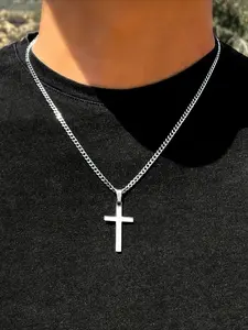 Punk Style Cross Pendant Chains Necklace for Men, Statement Religious Necklace, Stainless Steel Jewelry for Party, Daily Clothing Decor, Trendy All-match & Exquisite Jewelry for Birthday Gift, Cuban Chain Necklace, Cuban Link Chain, Cross Necklaces