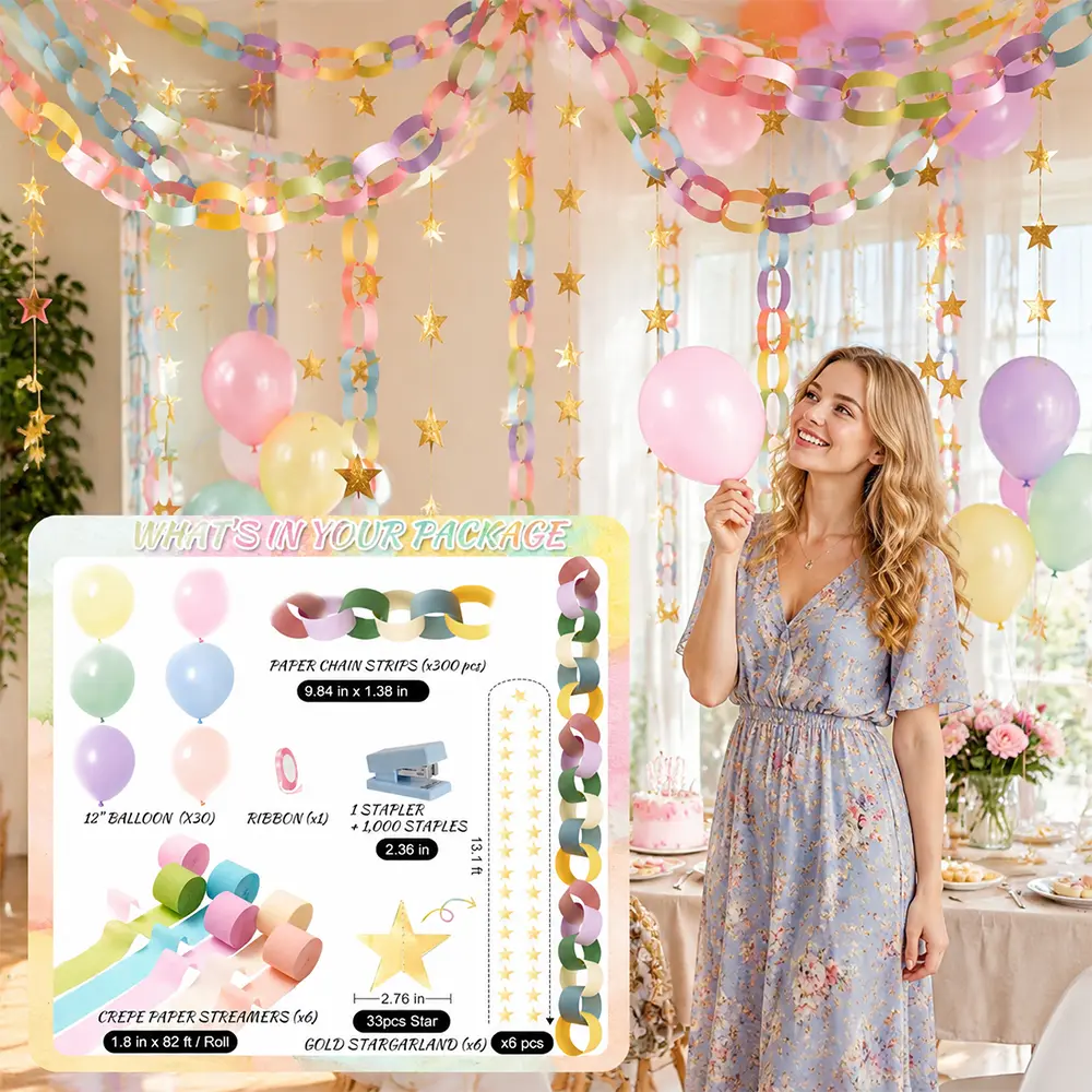 Pastel Birthday Party Hanging Decor Kit - 492ft Crepe Paper Streamers, 300 Paper Chain Strips, 78.6ft Gold Star Garland, 30 Pastel Balloons - Specialty Kitchen Event Decor Set