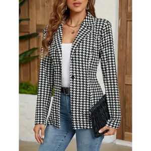 Casual Long Sleeve Houndstooth Print Blazer - Button Front Every Day Lapel- Women's Clothing fumi puffer jacket Tops Fabric Suits Womenswear Fitted