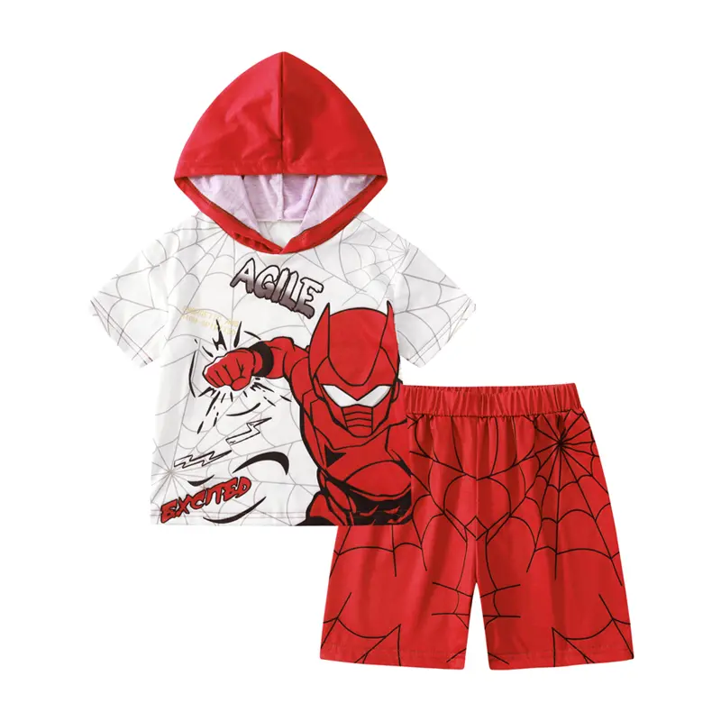 #SummerVibes Boys' Summer Clothing Set Polyester Sports Coordinated Set, Spider Pattern Hooded Short-Sleeve Top + Solid Color Casual Shorts, No Mix-Up Ready-to-Go Kids Clothing Boys Outfit for Summer, Polyester Clothes Active Set