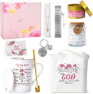 Christian Gifts for Women Religious Catholic Inspirational Gifts for Women Birthday 9PCS Baptism Spiritual Faith Gift Set Include Bible Verse Jar Christian Bookmark Keychain Tote Bag Necklace Mugs