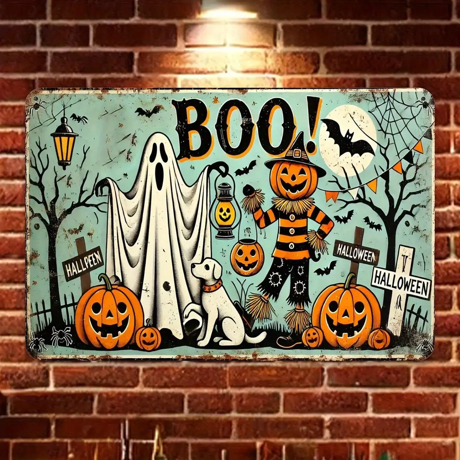 1-Count Vintage Spooky Halloween Metal Signage - 8x12 In Iron Wall Decor, Rustic Finish, Weather-Resistant, Easy-to-Hang - Ideal for Outdoor Garden, Home, Cafe Decoration