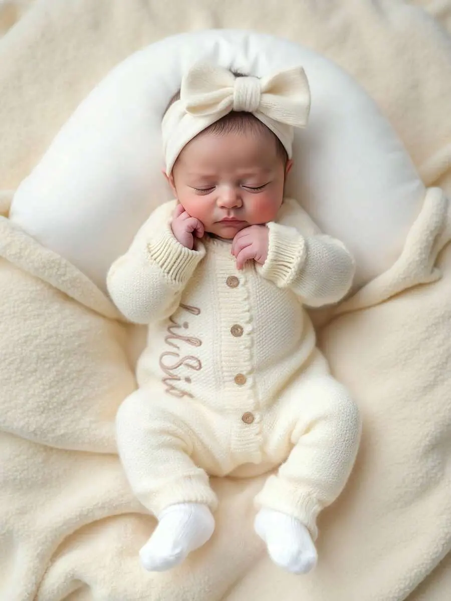 Bumpie x 2Pcs Set 'Little Sister' Embroidered Newborn Girl Photography Outfits,Knitted Romper Jumpsuit With Bowknot Headband,Pastel,Autumn,Cute,Family Matching
