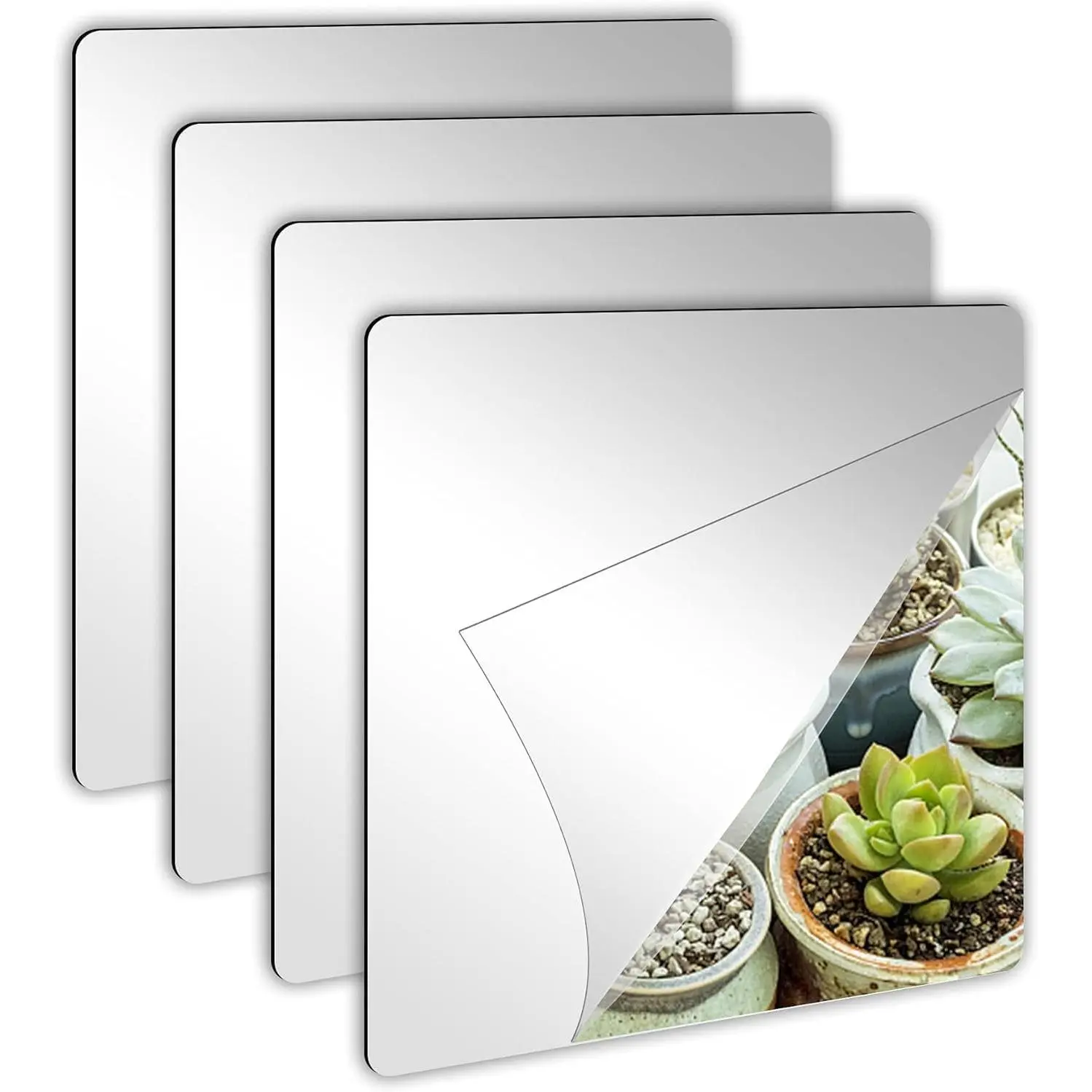 4 Pack Self Adhesive  Mirror, 8 x 8 Inch Mirror Tiles,Flexible Plastic Mirror Sheets Wall Stickers,2MM Thick Mirrors