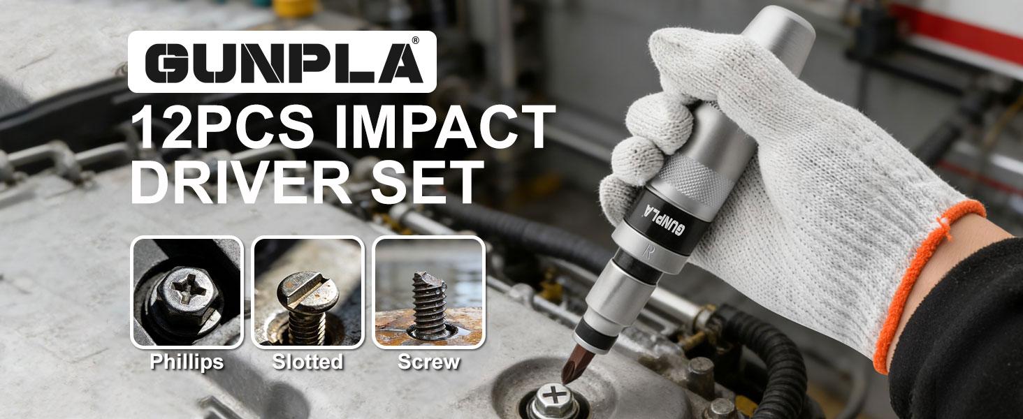 Gunpla 1/2" Heavy Duty Manual Impact Driver Set | S2 Alloy Steel Bits & 40CR Driver | Professional Rusted Bolt Remover & Frozen Nut Extractor | 12Pcs Reversible Impact Screwdriver Kit