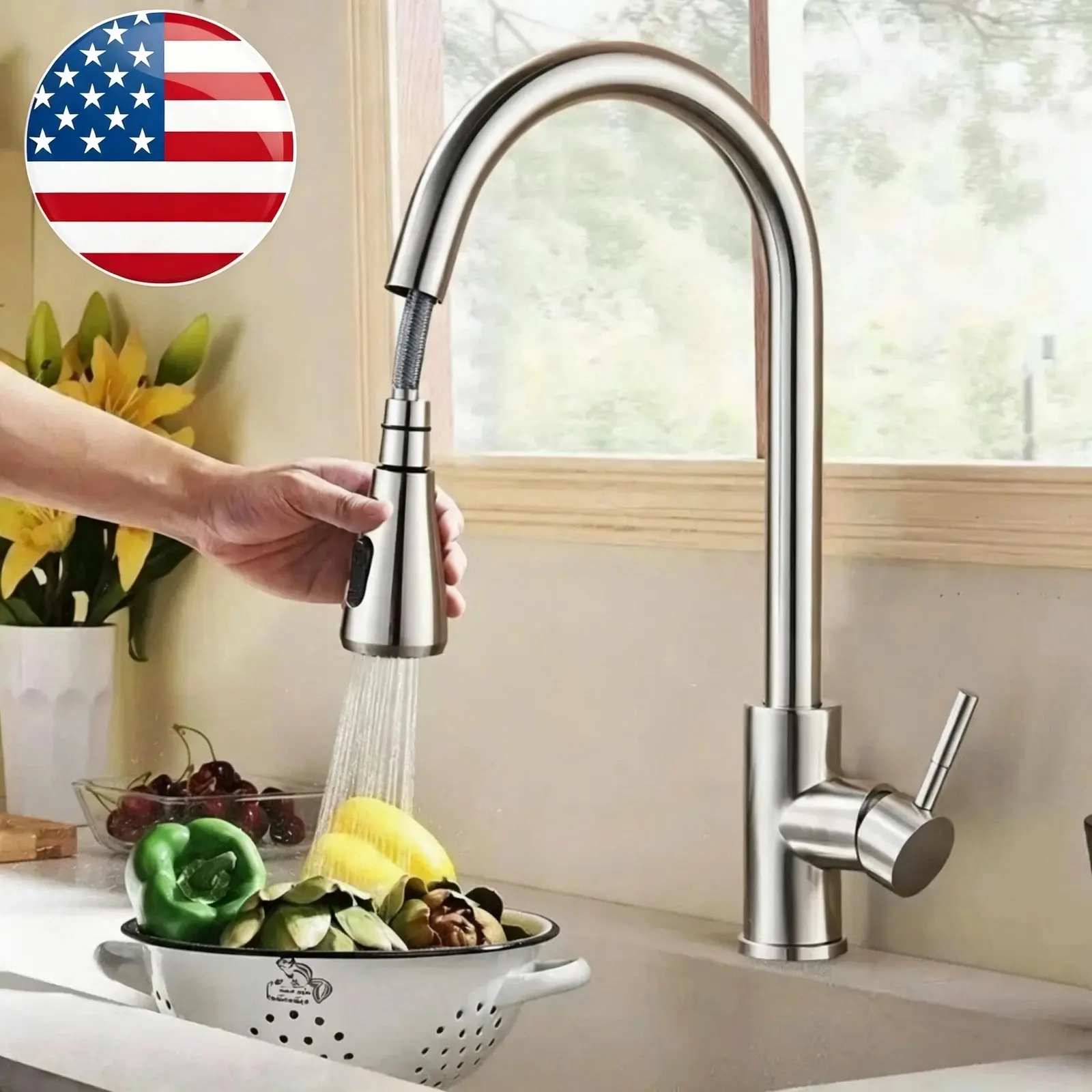 Brushed Nickel Kitchen Faucet Sink Mixer Faucet Pull Down Sprayer Single Handle