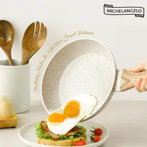 MICHELANGELO Small Frying Pan with Lid, 8 Inch Frying Pan Nonstick with Non-Toxic Coating, Granite Egg Pan with Anti-Scald Handle, White cookware