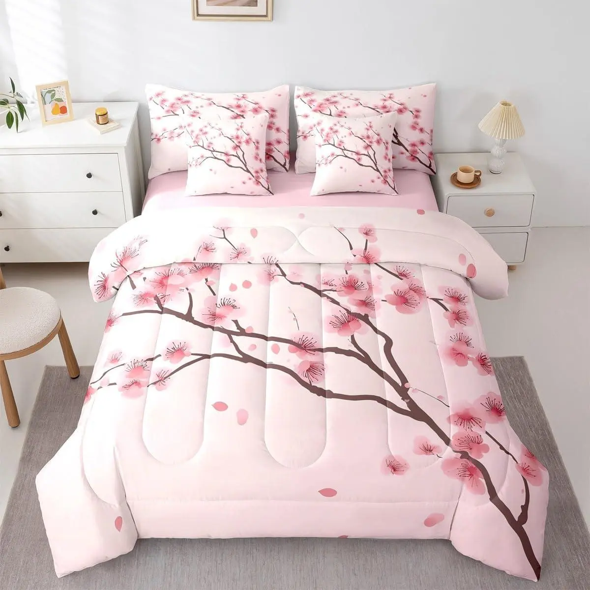 Cherry Blossoms Comforter Set,Pink Floral 7-Piece Bed in A Bag,Japanese Spring Sheets and Pillowcases,Pale Pink Petal Branch Bedding Set Room Decor