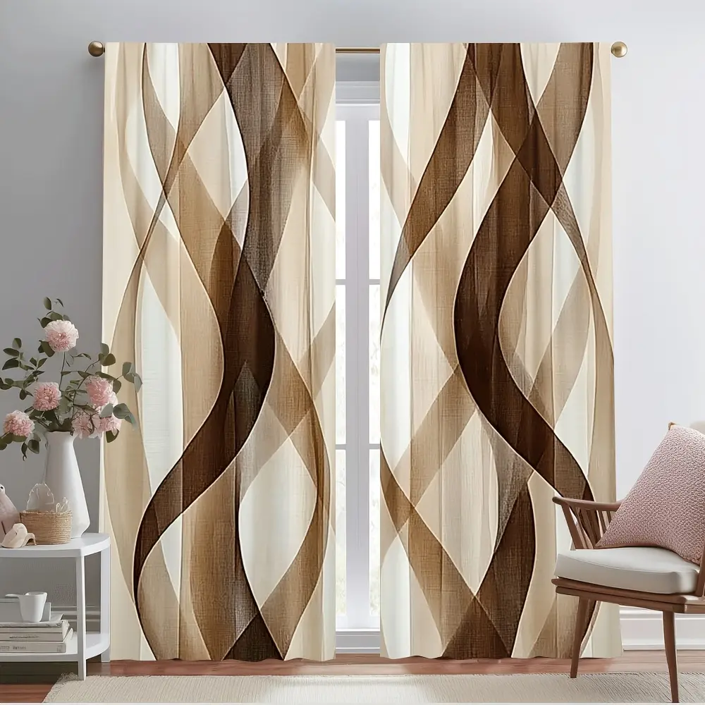 2Pcs, Upgrade Curtain, striped print curtains, translucent wavy curtains, Window Curtain - brown, suitable for all seasons, living room, study bedroom home decoration, rod pocket design, Christmas decor, Home Decorative Curtain