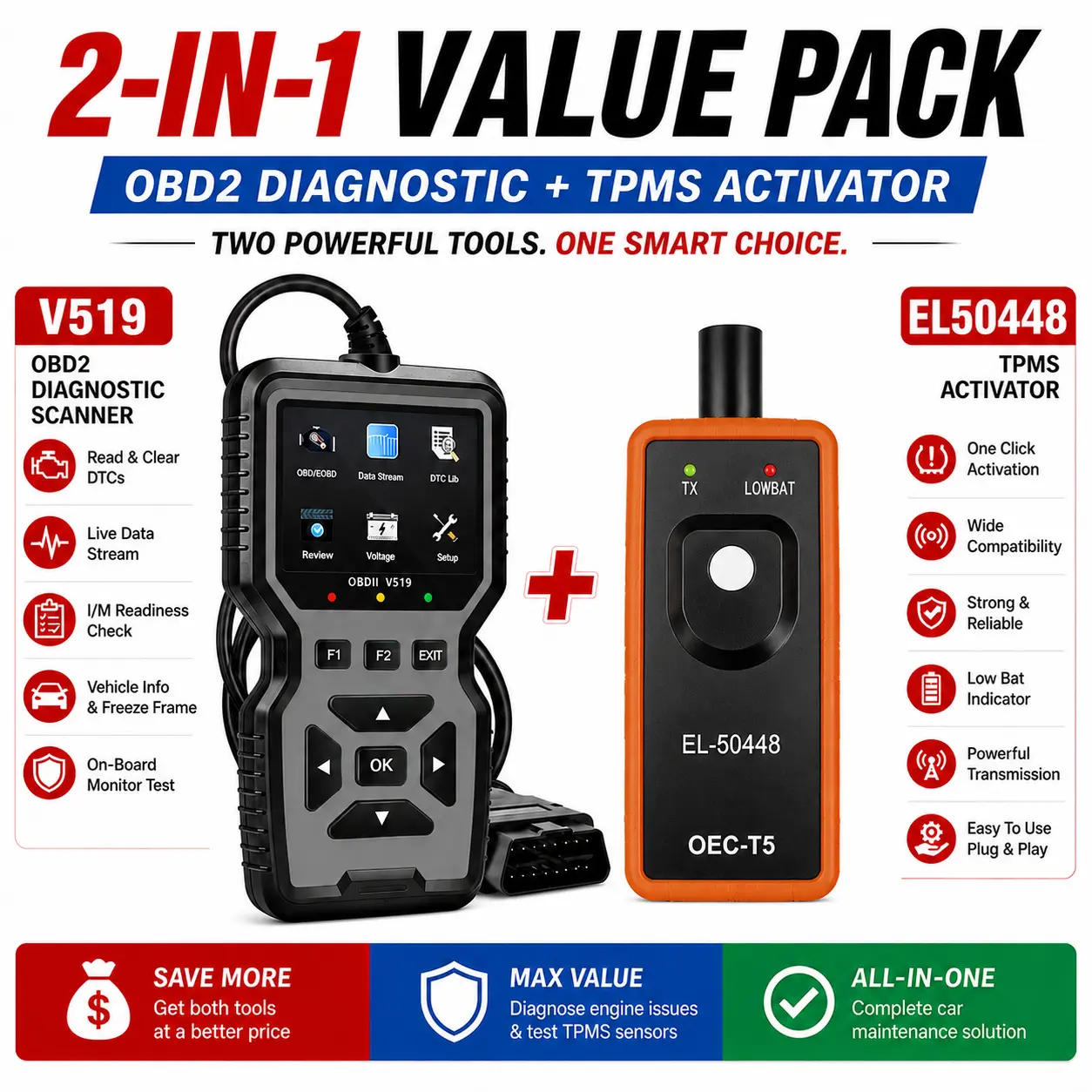 V519 OBD2 Scanner and EL-50448 TPMS Reset Tool Combo Kit, Car Engine Diagnostic Code Reader, Live Data Stream, Tire Pressure Sensor Activator