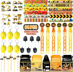 Construction Party Favors, 84 Pc Under Construction theme Straw, Slap Bracelet, Stickers, Dumper Truck Treat Box, Bubble wand, helmet keychain, Shovel