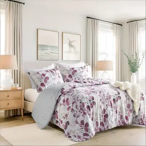 Lightweight Seersucker Botanical Comforter Set  Size, Reversible Design with Striped Print,  Microfiber Bedding Set, Comforter and Sham Set, Plum/Grey