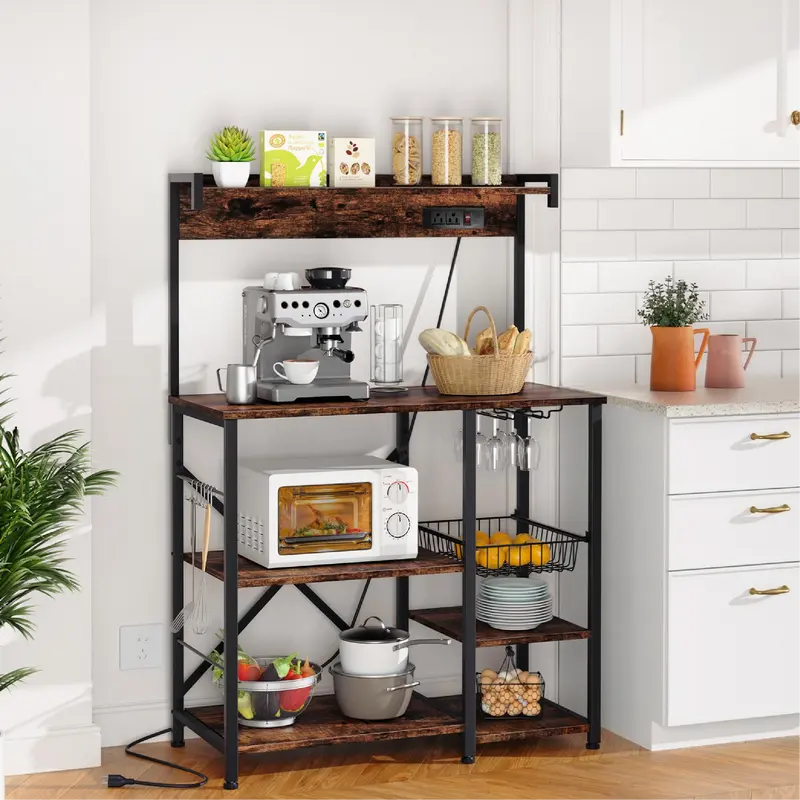 Walsunny Kitchen Baker's Rack Shelf, Standing Coffee Bar Home Organizers with Power Outlet Switch, Microwave Oven Stand Metal Wire Basket Organiser with Hooks, Retro, Grey Storage Furniture