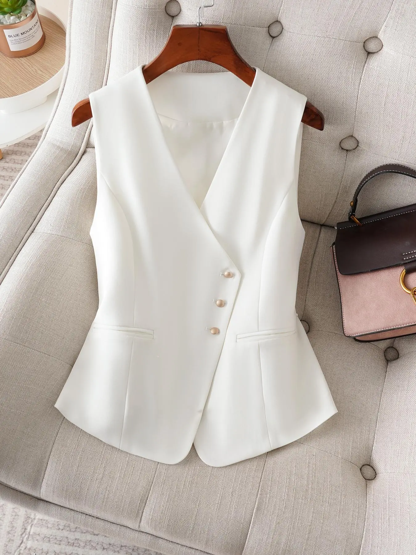 Women's Solid Button Front V Neck Vest, Elegant Fashion Casual Sleeveless Tank Top  for Work Office Business, Ladies Spring & Fall Clothes