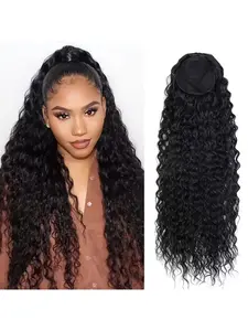 Water Wave Ponytail Human Hair Extensions Corn Wave Wrap Around Horsetail Hair Extension Natural Color Remy Human Hair Ponytail Extension For Women Daily Use Curly Hair Extension Curly Wavy Hairpieces