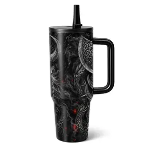 mikenda 40oz Viking Warrior Tumbler | Dark Fantasy Travel Mug | Double Wall Insulated Cup With Handle & Straw | Gift For Men | Thermal Cup