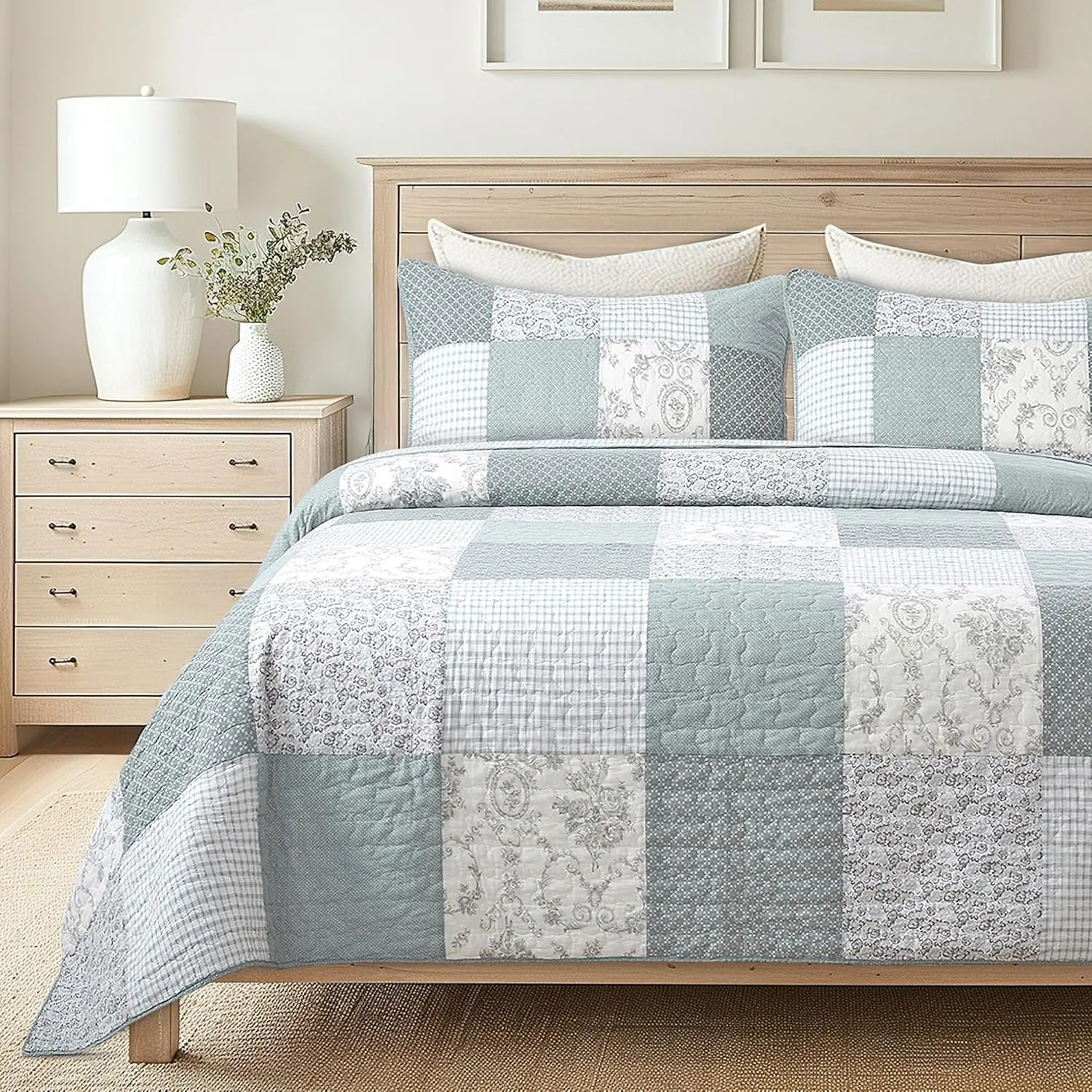 Memory  3- Cotton Quilt Set -  Size with 2 Shams, Sage Green Patchwork Quilted Comforter, Lightweight Country Pieced Bedspread, Neutral Modern Farmhouse Bedding