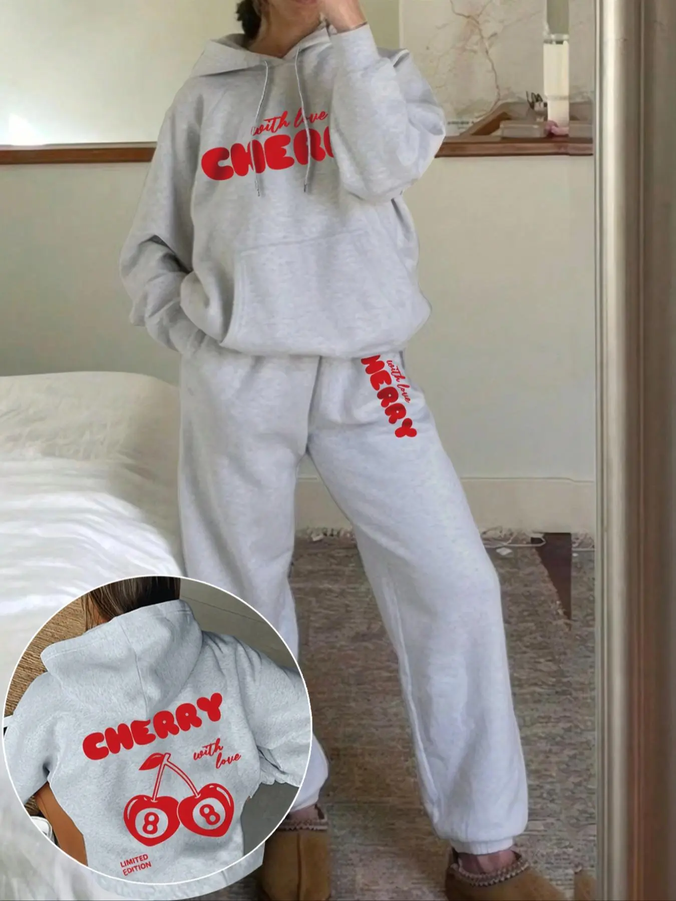Two-piece Set Women's Cherry and Letter Print Thermal Lined Hoodie & Drawstring Waist Sweatpants, Casual Style Set, Casual Fashion Cozy Breathable Two Piece Outfits for Daily Wear, Ladies Fall & Winter Clothes, Casual Loungewear Set, Matching Lounge Sets