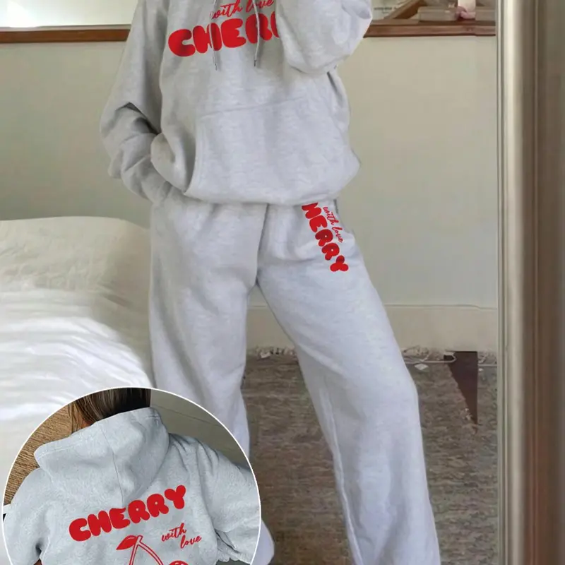 Two-piece Set Women's Cherry and Letter Print Thermal Lined Hoodie & Drawstring Waist Sweatpants, Casual Style Set, Casual Fashion Cozy Breathable Two Piece Outfits for Daily Wear, Ladies Fall & Winter Clothes, Casual Loungewear Set, Matching Lounge Sets