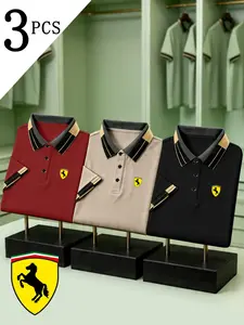 Men's Golf Polo Shirts Set of Three, Horse Emblem Print, Collared Stretch Casual Breathable All-Season Comfortable Durable High-End Polos
