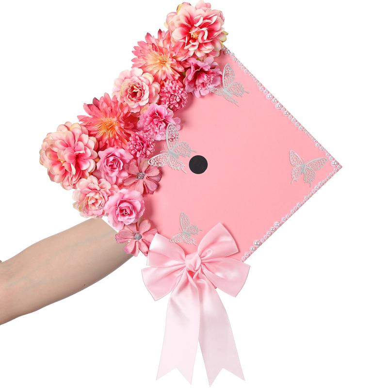 Graduation Cap Decoration Kit with Artificial Flower Heads 3D Butterfly Construction Paper Stickers Pearl Adhesive Dots Satin Bow for Grad Cap Topper DIY Craft Art Decor Grad Gift