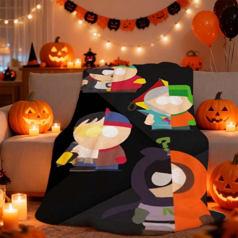 South Park Character Fusion Design Flannel Blanket, soft and comfortable, machine washable and suitable for all seasons. Portable, hypoallergenic, and tear-resistant — perfect for sofa, bed, office, camping, or travel. An ideal gift for Christmas, Valenti