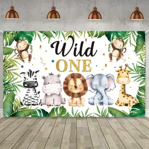 2D Flat Banner 1pc, Backdrop Banner, Jungle Animal Birthday Party Photography Background, Cartoon Animal Baptism Cake Table Photo Banner, Party Banner Photo Booth Background, Birthday Party Decor, Happy Birthday Supplies