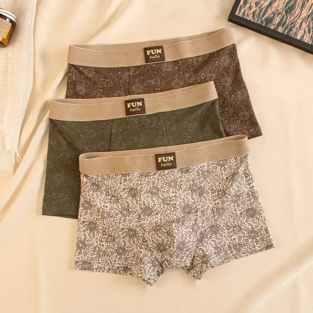 10A Antibacterial Classical Flower Print Men's Underwear Cotton Flat Corner Pants Men's New Personalized Comfortable Breathable Four Corner Pants