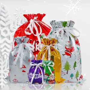 5 Piece Christmas Gift Bags Set, PVC Drawstring Packaging Bags, Holiday Gift Wrapping, Christmas Theme Party Gift Bags, Festive Packaging