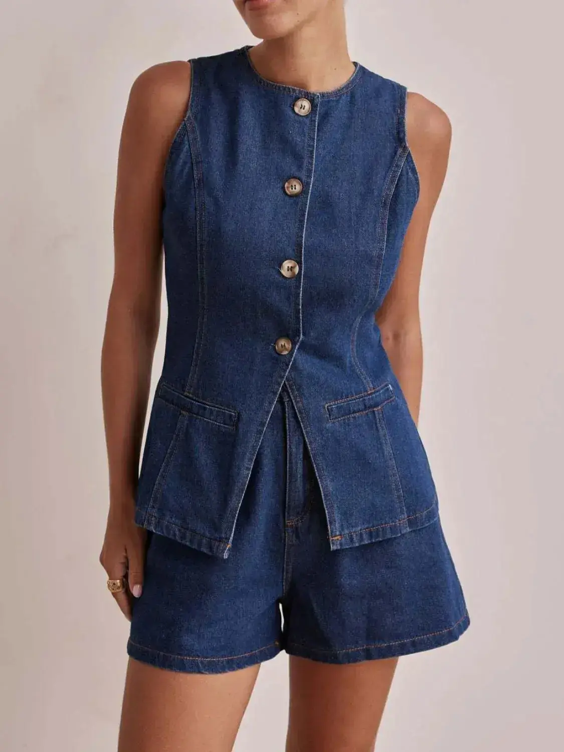 Women's Matching Set - Tailored Black Denim Peplum Vest and Casual Shorts with Pockets for Everyday Style, Clothes, Cold Wash, Tailored Fit, Button, Polished Look, Sleeveless, Evening, Fitted, Standard Sizes, Cool Iron