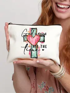 A large, inspiring Christian-themed cosmetic bag printed with the Christian "God is forever good" cross and lettering. This zippered cosmetic organizer is a portable zippered cosmetic storage bag, a handheld travel toiletry bag, Cosmetic Pouch