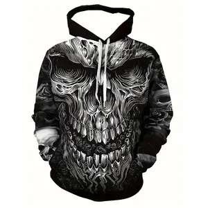 Men'S Halloween Skull Print Hoodie, 3D Horror Design Long Sleeve Casual Sweatshirt with Drawstring Pocket, Fashionable Hooded Jacket, Polyester 100%, Slight Stretch Knit Fabric, Regular Fit, Fall/Winter Top - 210g/m²