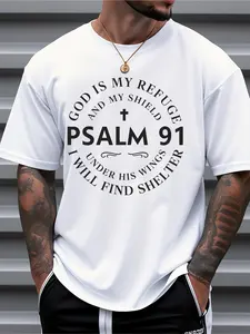 Men's Psalm 91 Verse T-Shirt - God Is My Refuge & Shield Christian Tee, 100% Cotton Casual Short Sleeve Shirt with Hebrew Scripture for Church, Daily Wear & Outdoor Activities