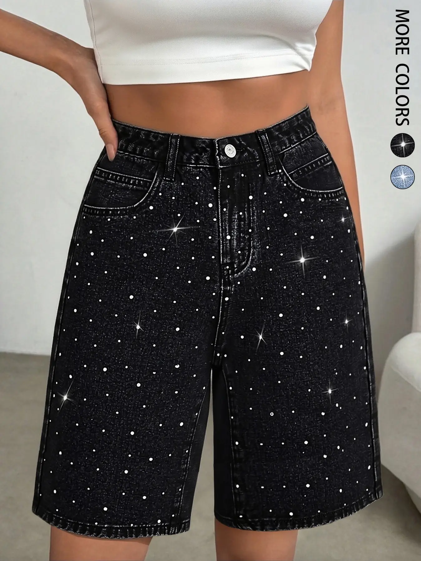 Women's Casual Rhinestone Embellished JWashed Straight Leg Loose Denim Summer Shorts, Casual Jorts, Trendy Fashionable Denim Bottoms, Perfect for Daily Wear, Comfortable & Stylish