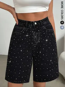 Women's Casual Rhinestone Embellished JWashed Straight Leg Loose Denim Shorts, Trendy Fashionable Denim Bottoms, Perfect for Daily Wear, Comfortable & Stylish