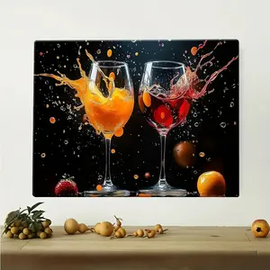 Framed Canvas Wall Art - Two wine glasses with vibrant orange and red liquid splash design, wooden wraparound frame, high definition print for living room, bedroom, home office decor - modern art decor